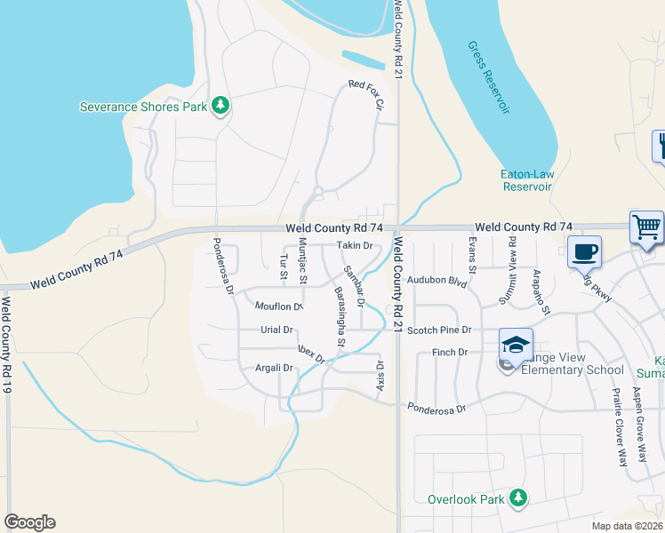 map of restaurants, bars, coffee shops, grocery stores, and more near 800 Sambar Drive in Severance