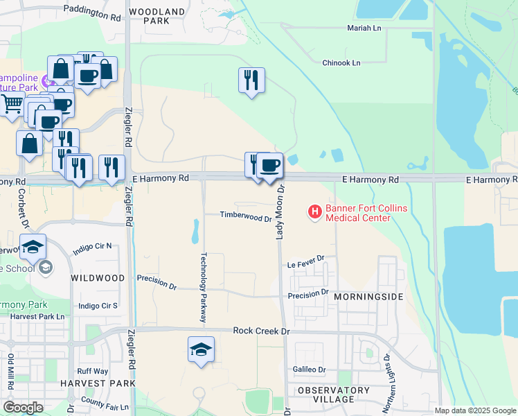 map of restaurants, bars, coffee shops, grocery stores, and more near 3420 Timberwood Drive in Fort Collins