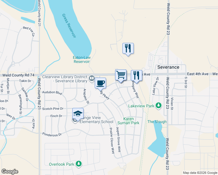 map of restaurants, bars, coffee shops, grocery stores, and more near 109 Blue Spruce Drive in Severance