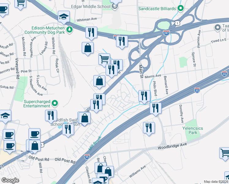 map of restaurants, bars, coffee shops, grocery stores, and more near 201 Edison Glen Terrace in Edison