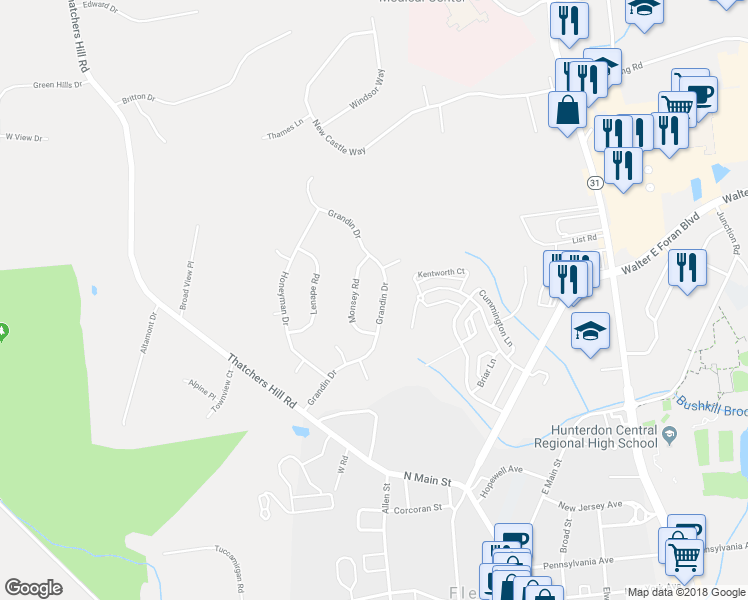 map of restaurants, bars, coffee shops, grocery stores, and more near 25 Grandin Drive in Flemington