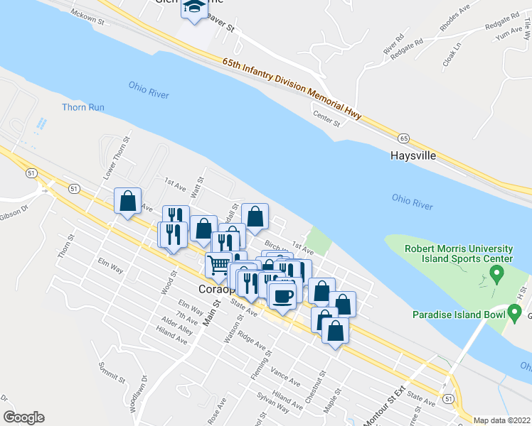 map of restaurants, bars, coffee shops, grocery stores, and more near 1 Main Street in Coraopolis