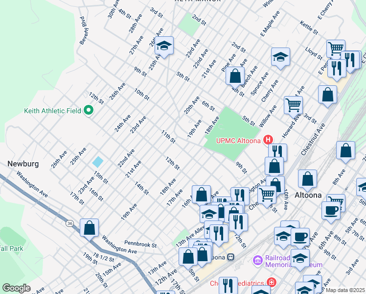 map of restaurants, bars, coffee shops, grocery stores, and more near 1810-12 10th Street in Altoona