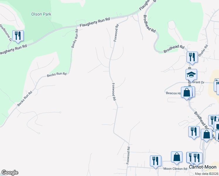 map of restaurants, bars, coffee shops, grocery stores, and more near 232 Foxwood Road in Coraopolis