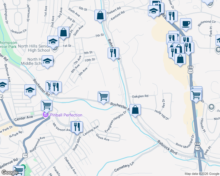 map of restaurants, bars, coffee shops, grocery stores, and more near 146 Priscilla Drive in Pittsburgh