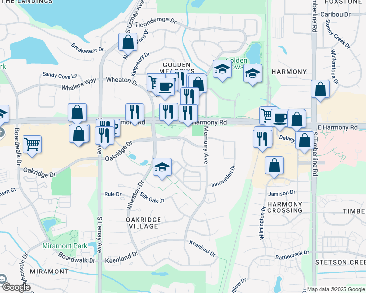 map of restaurants, bars, coffee shops, grocery stores, and more near 1521 Oakridge Dr in Fort Collins