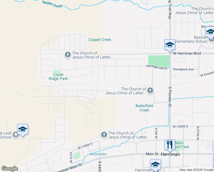 map of restaurants, bars, coffee shops, grocery stores, and more near 12587 Heritage Hill Court in Herriman
