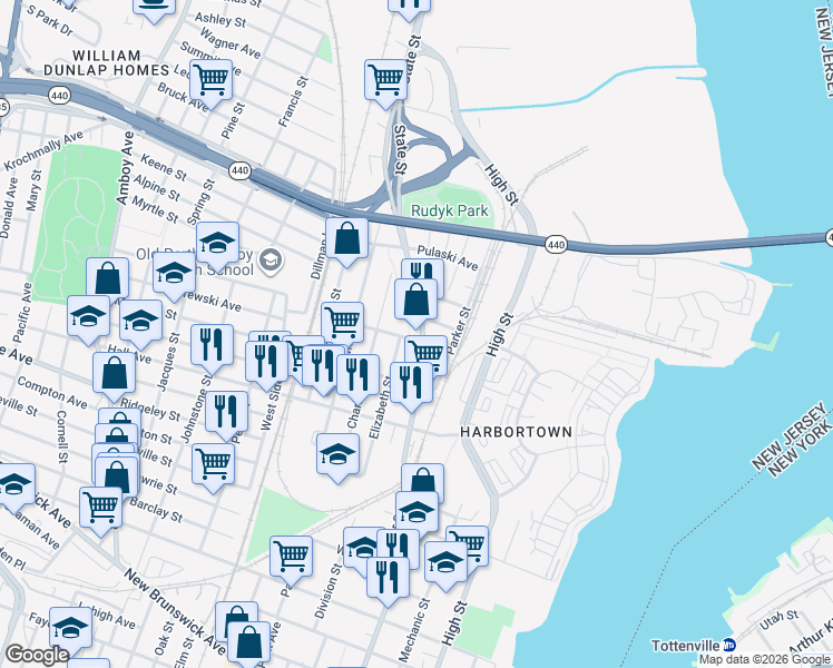 map of restaurants, bars, coffee shops, grocery stores, and more near 170 Lynd Street in Perth Amboy