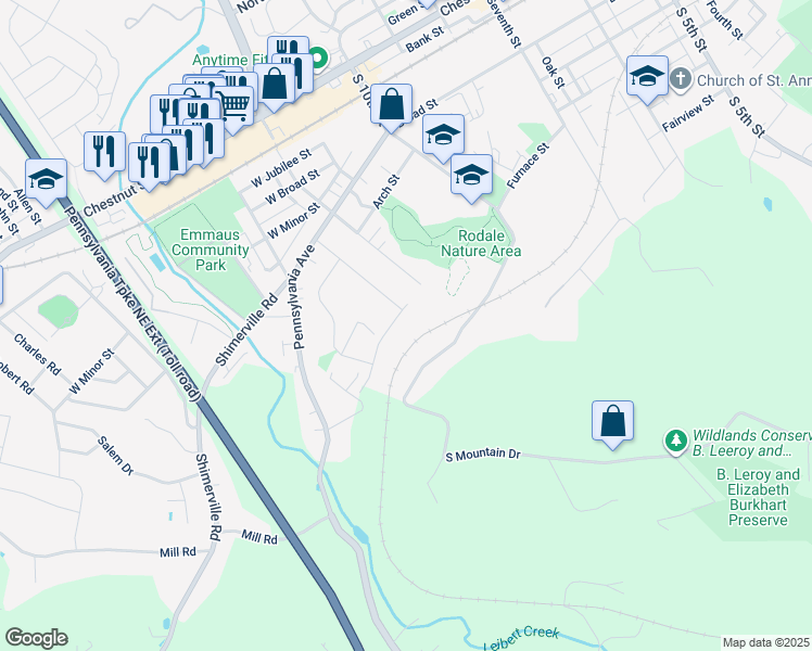 map of restaurants, bars, coffee shops, grocery stores, and more near 372 Delong Avenue in Emmaus