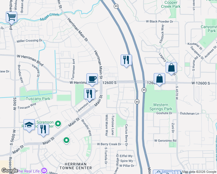 map of restaurants, bars, coffee shops, grocery stores, and more near 4952 West 12600 South in Herriman
