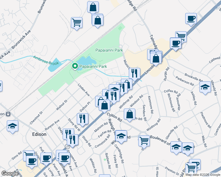 map of restaurants, bars, coffee shops, grocery stores, and more near 222 Orlando Street in Edison