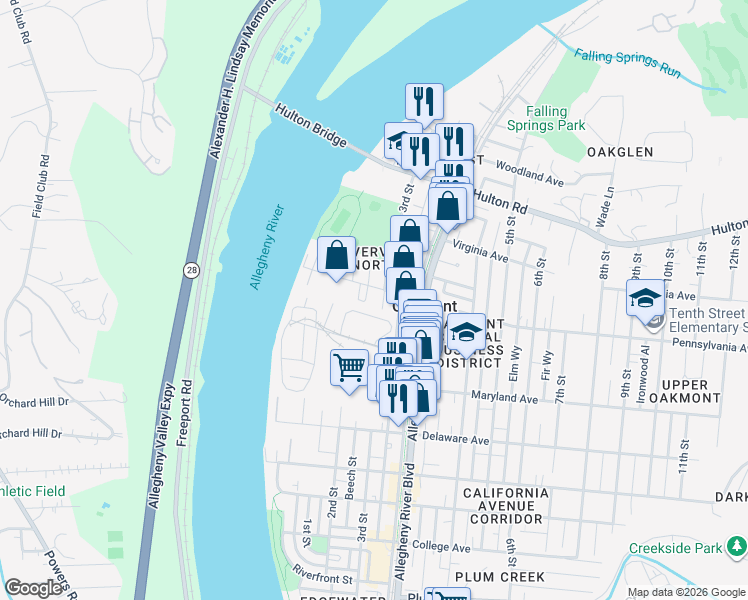 map of restaurants, bars, coffee shops, grocery stores, and more near 201 Pennsylvania Avenue in Oakmont