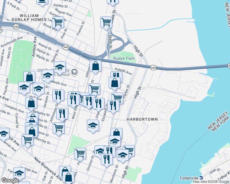 map of restaurants, bars, coffee shops, grocery stores, and more near 170 Lynd Street in Perth Amboy