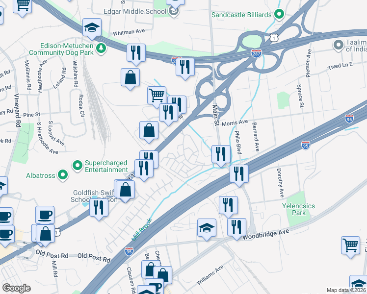 map of restaurants, bars, coffee shops, grocery stores, and more near 308 Edison Glen Terrace in Edison