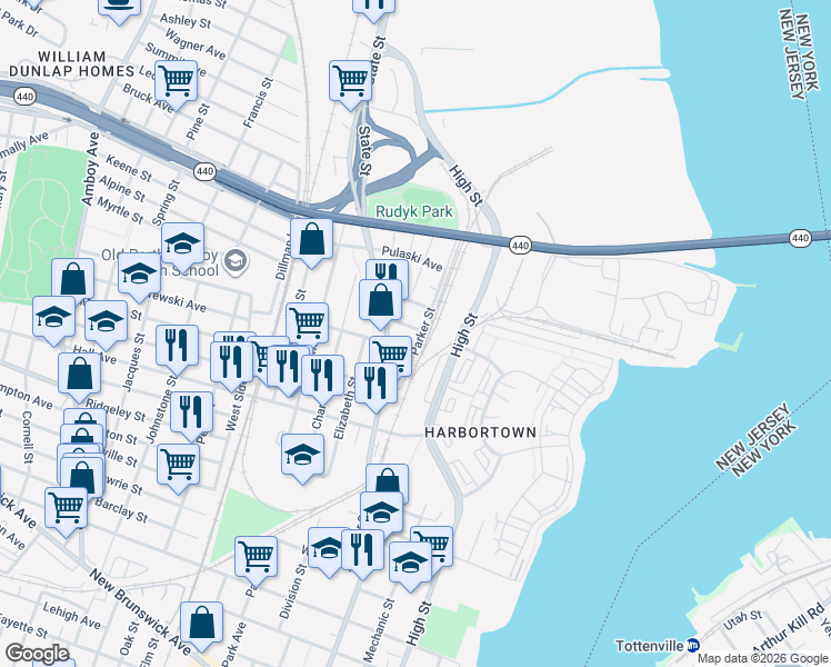map of restaurants, bars, coffee shops, grocery stores, and more near 713 Parker Street in Perth Amboy