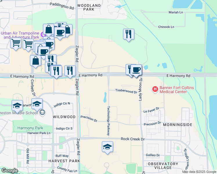 map of restaurants, bars, coffee shops, grocery stores, and more near 4600 Technology Parkway in Fort Collins