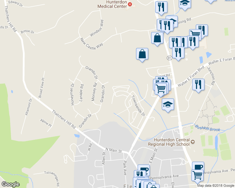 map of restaurants, bars, coffee shops, grocery stores, and more near 32 Chesterfield Court in Flemington