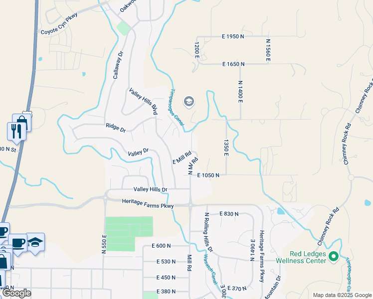 map of restaurants, bars, coffee shops, grocery stores, and more near East Mill Road in Heber City