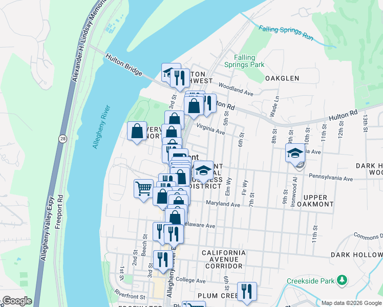map of restaurants, bars, coffee shops, grocery stores, and more near 716 Allegheny River Boulevard in Oakmont