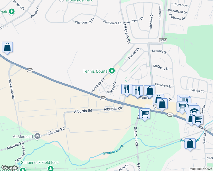 map of restaurants, bars, coffee shops, grocery stores, and more near 7055 Pioneer Drive in Macungie