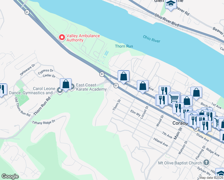 map of restaurants, bars, coffee shops, grocery stores, and more near in Allegheny County