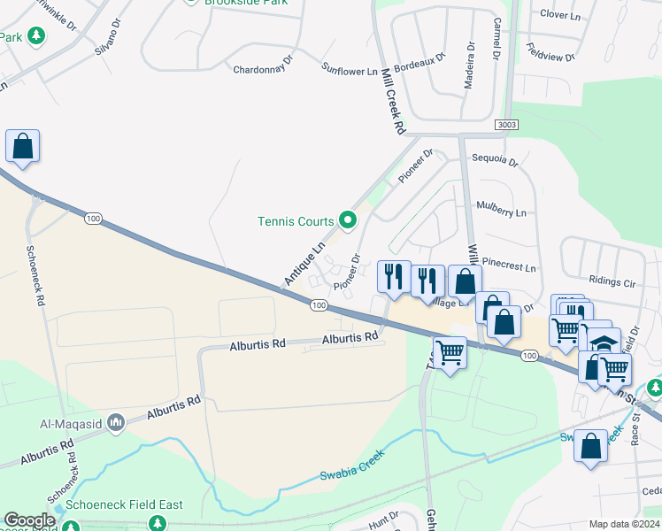 map of restaurants, bars, coffee shops, grocery stores, and more near 7105 Pioneer Drive in Macungie