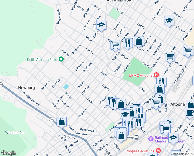 map of restaurants, bars, coffee shops, grocery stores, and more near 1112 21st Avenue in Altoona