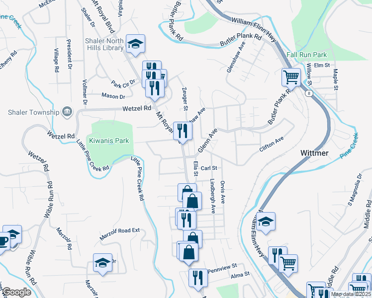 map of restaurants, bars, coffee shops, grocery stores, and more near 1415 Ella Street in Glenshaw
