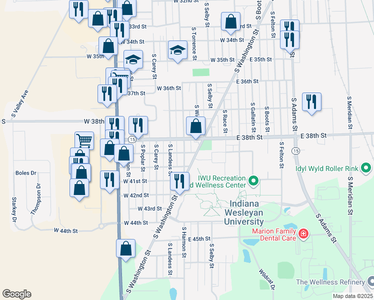 map of restaurants, bars, coffee shops, grocery stores, and more near 3804 South Harmon Street in Marion