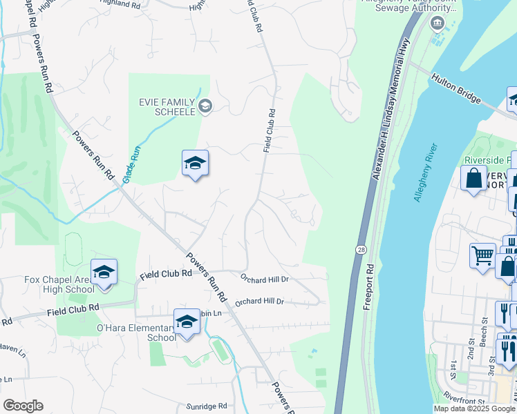 map of restaurants, bars, coffee shops, grocery stores, and more near 201 Field Club Ridge Road in Pittsburgh