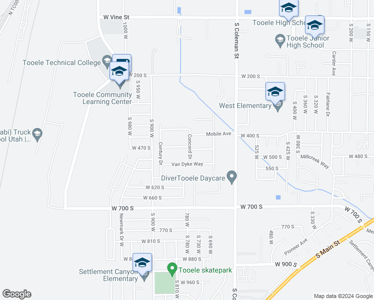 map of restaurants, bars, coffee shops, grocery stores, and more near 450 Concord Drive in Tooele