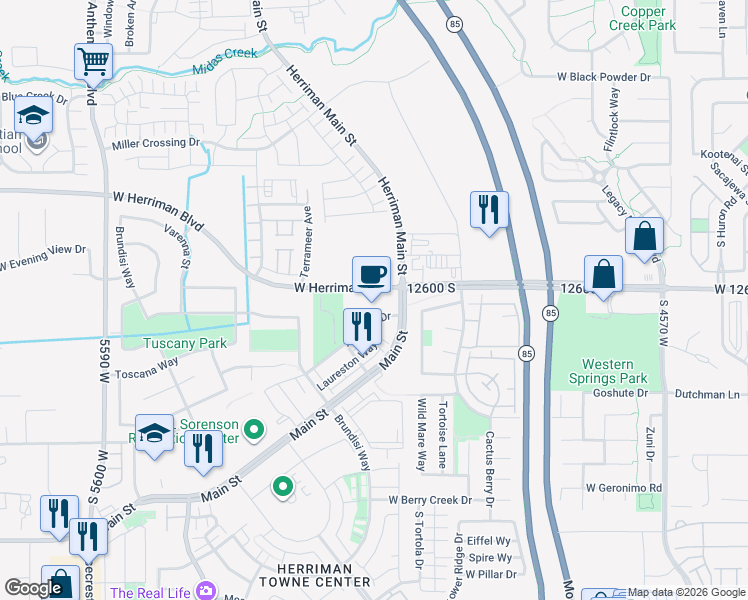 map of restaurants, bars, coffee shops, grocery stores, and more near 5089 West 12600 South in Herriman