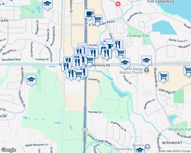 map of restaurants, bars, coffee shops, grocery stores, and more near 100 Palmer Drive in Fort Collins
