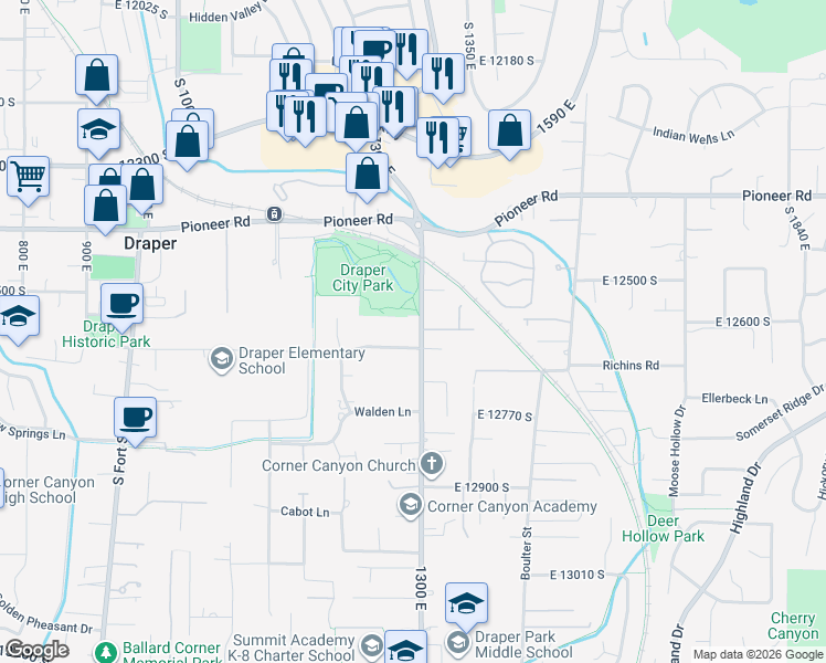 map of restaurants, bars, coffee shops, grocery stores, and more near 12609 South 1300 East in Draper