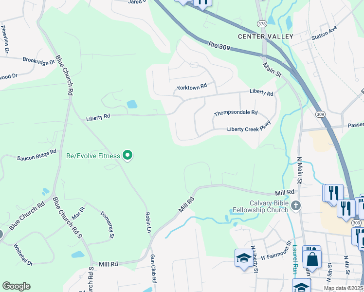 map of restaurants, bars, coffee shops, grocery stores, and more near 4320 Liberty Creek Parkway in Coopersburg