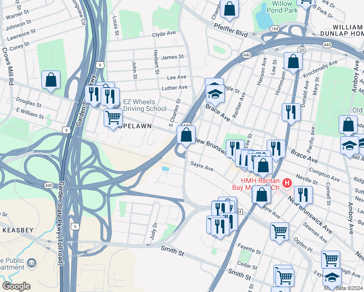 map of restaurants, bars, coffee shops, grocery stores, and more near 99 Florida Grove Road in Woodbridge Township