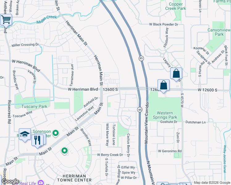 map of restaurants, bars, coffee shops, grocery stores, and more near 4962 Badger Lane in Riverton
