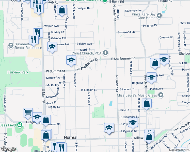 map of restaurants, bars, coffee shops, grocery stores, and more near 901 Charlotte Drive in Normal