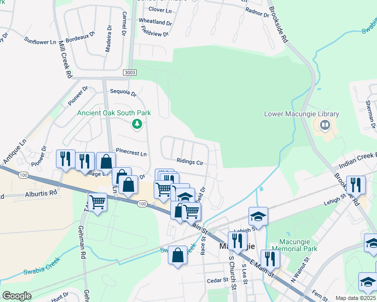 map of restaurants, bars, coffee shops, grocery stores, and more near 265 Ridings Circle in Macungie