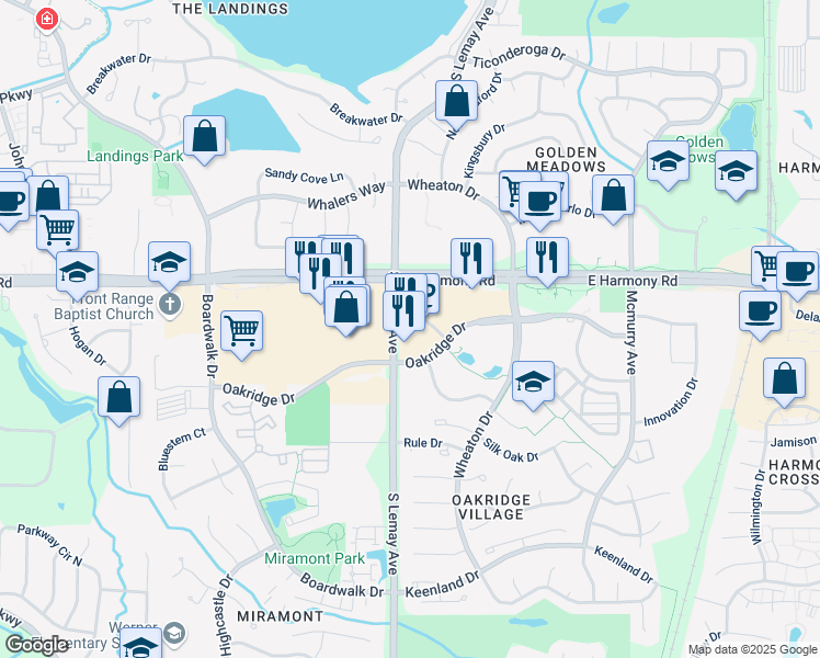 map of restaurants, bars, coffee shops, grocery stores, and more near 1112 Oakridge Drive in Fort Collins