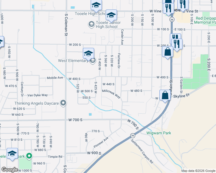 map of restaurants, bars, coffee shops, grocery stores, and more near 332 West 440 South in Tooele