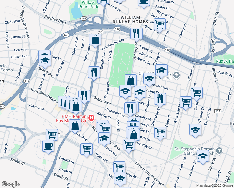 map of restaurants, bars, coffee shops, grocery stores, and more near 643 Atlantic Avenue in Perth Amboy