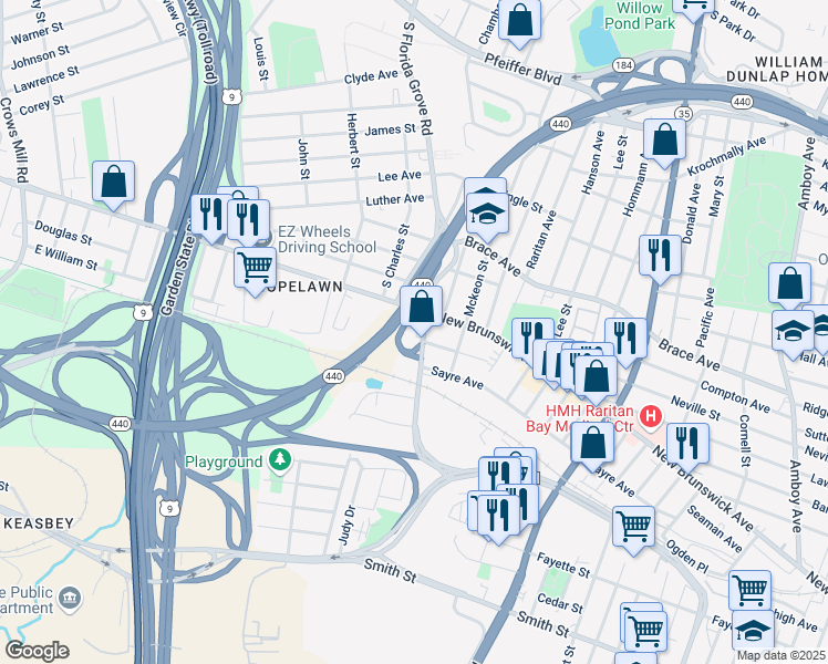map of restaurants, bars, coffee shops, grocery stores, and more near 99 Florida Grove Road in Woodbridge Township