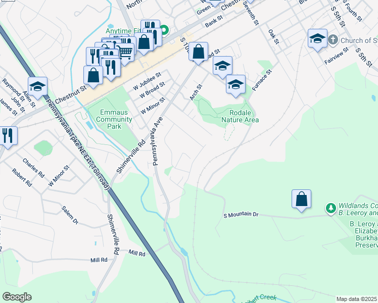 map of restaurants, bars, coffee shops, grocery stores, and more near 344 Delong Avenue in Emmaus