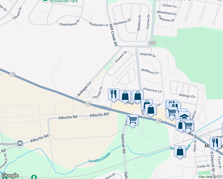 map of restaurants, bars, coffee shops, grocery stores, and more near 6488 Alburtis Road in Macungie