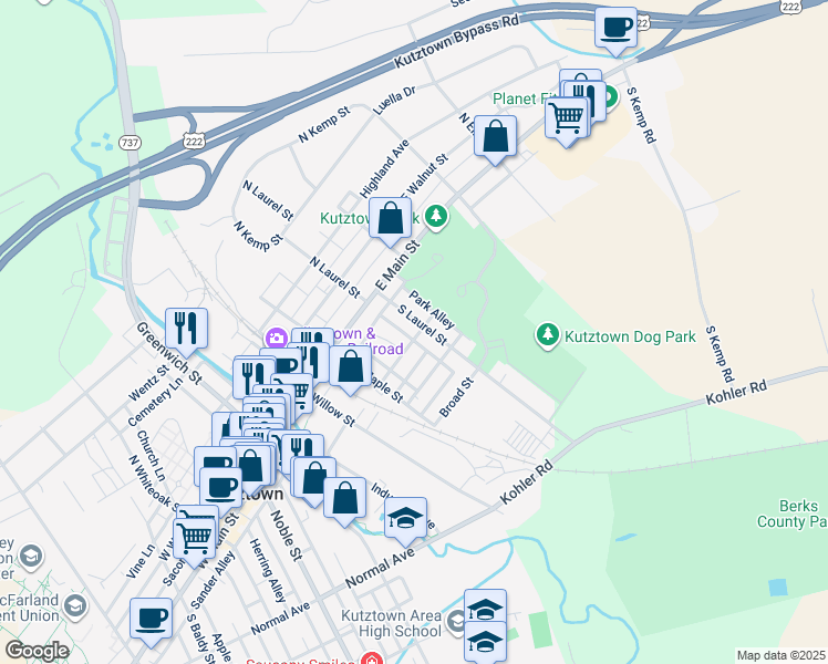 map of restaurants, bars, coffee shops, grocery stores, and more near 40 South Laurel Street in Kutztown