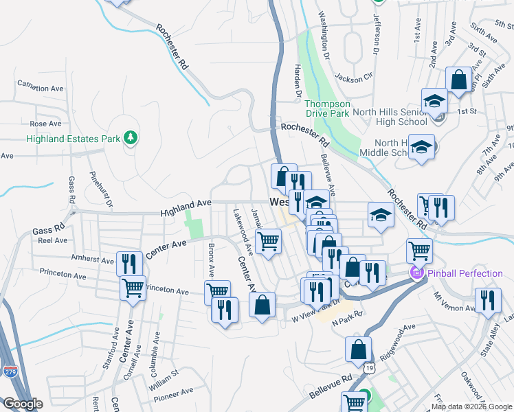 map of restaurants, bars, coffee shops, grocery stores, and more near 401 Jamaica Avenue in Pittsburgh