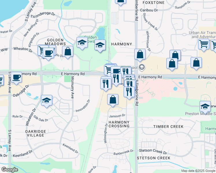 map of restaurants, bars, coffee shops, grocery stores, and more near 1833 E Harmony Rd in Fort Collins