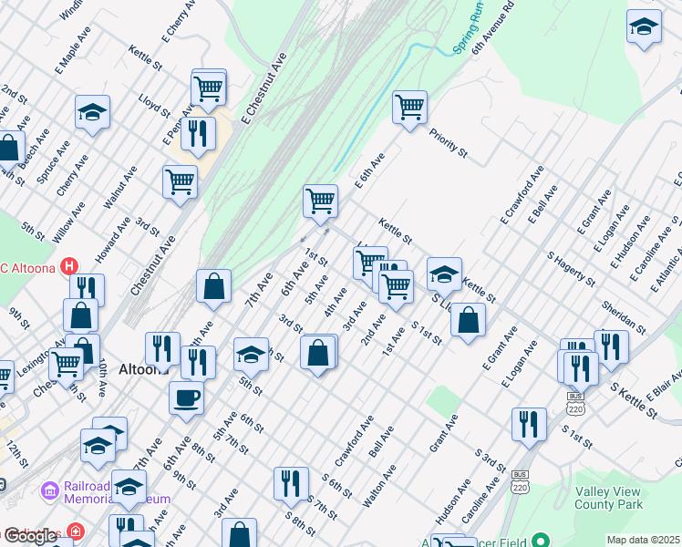 map of restaurants, bars, coffee shops, grocery stores, and more near 420 1st Street in Altoona