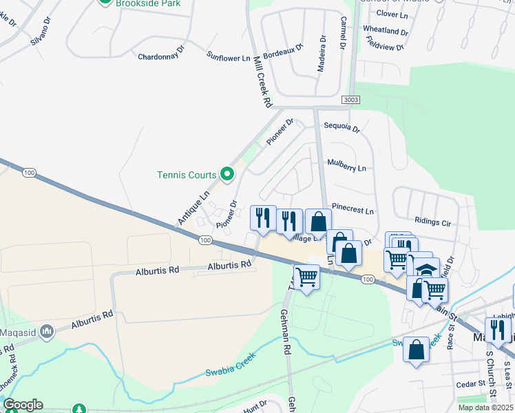 map of restaurants, bars, coffee shops, grocery stores, and more near 6488 Alburtis Road in Macungie